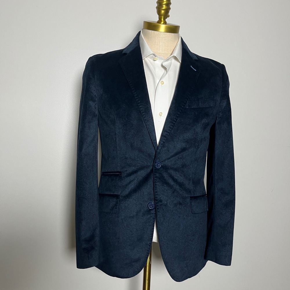 Tailorbyrd Blazer Mens 38R Navy Blue Paisley Velvet Two Button Notch Lapel